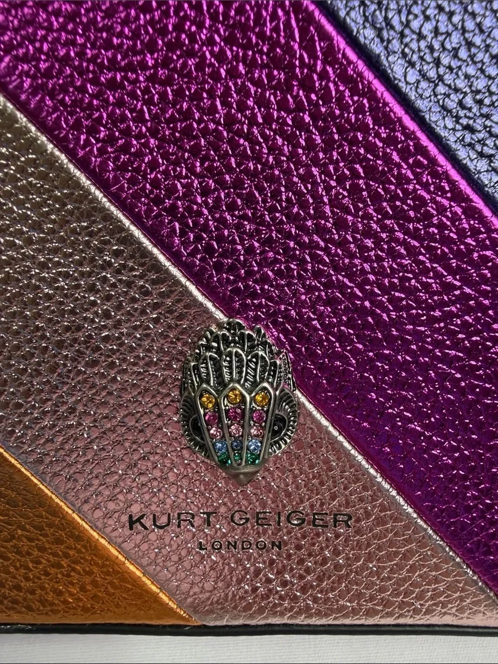 Kurt Geiger Rainbow Diagonal Stripe Leather Crossbody with Purple Strap